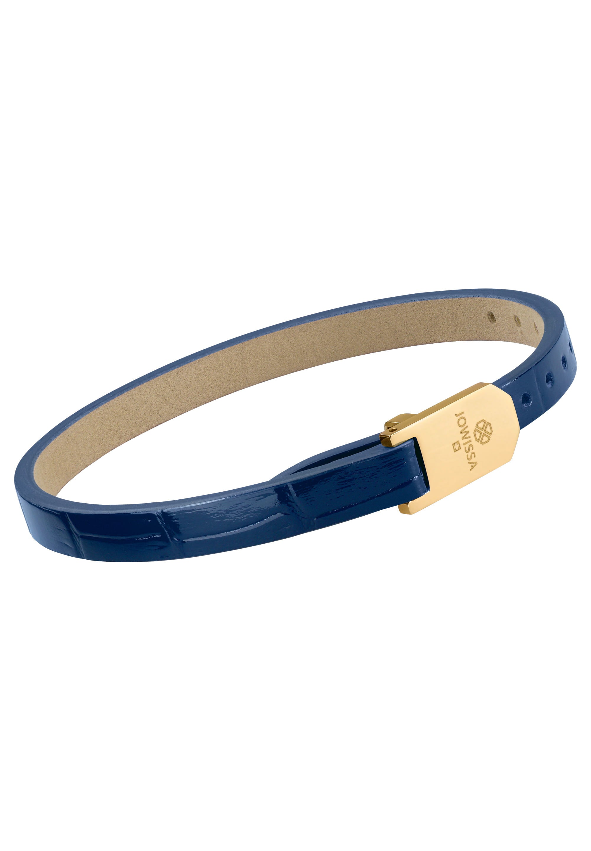 Glossy Croco Leather Strap in gold and blue, featuring alligator-embossed genuine leather and a stainless steel buckle.