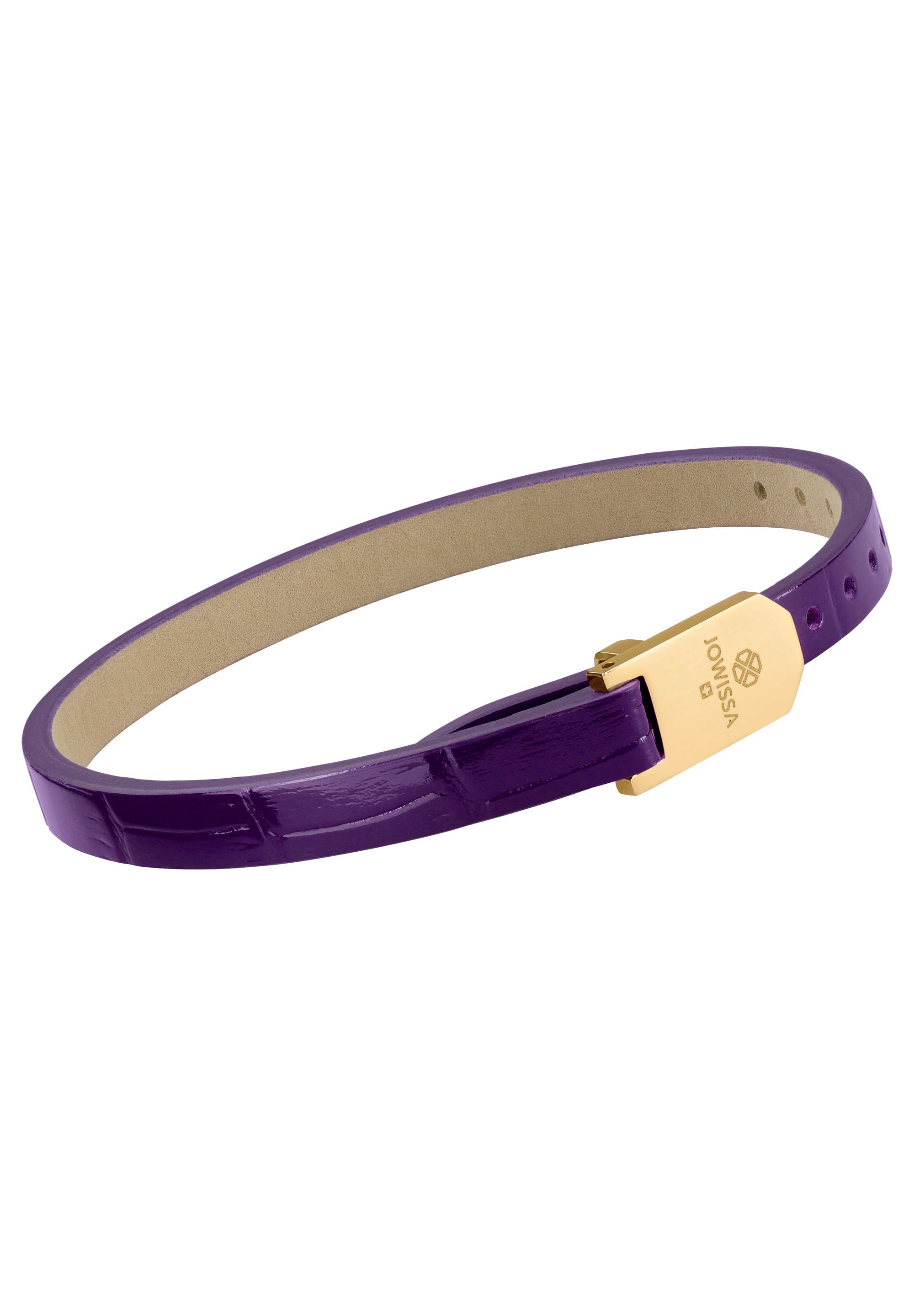 Glossy Croco Leather Strap in gold and purple, featuring alligator-embossed genuine leather and a stainless steel buckle.