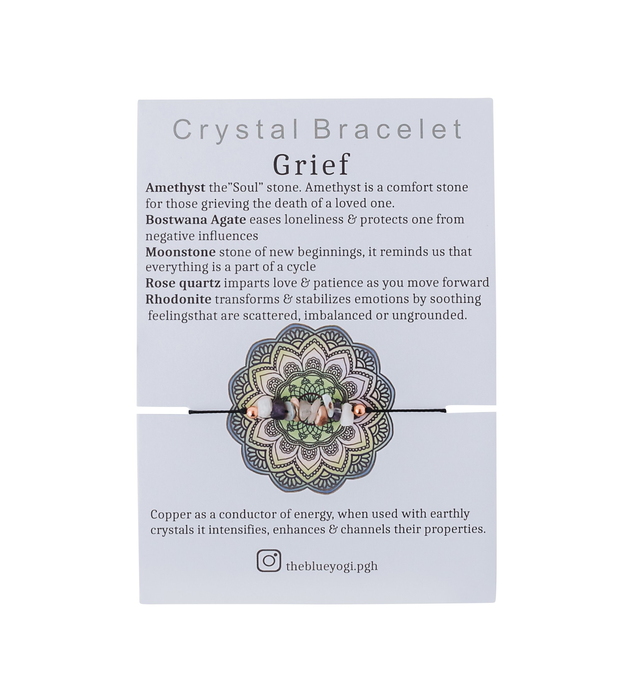A handcrafted Grief Crystal Bracelet made of natural gemstones on a hemp cord, featuring a tie closure and a Mandala art card.