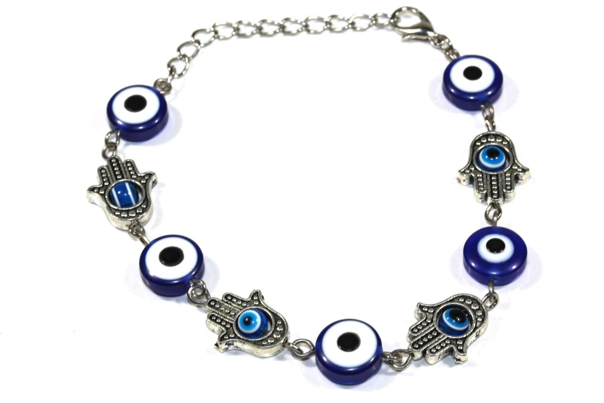 Hamsa Hands & Evil Eye Marbled Bead Bracelet featuring silver tone, marbled beads, and protective symbols.