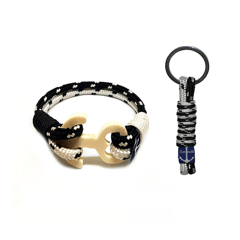 Hand Carved Wood Anchor Nautical Bracelet and Keychain featuring black and white nautical ropes and a wooden anchor, perfect for stylish accessorizing.