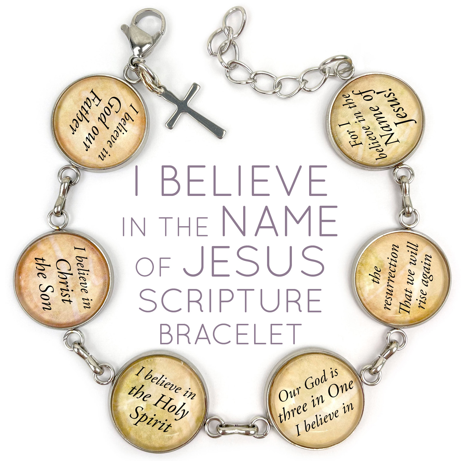 I Believe In the Name of Jesus charm bracelet featuring six glass charms with inspirational text, handcrafted with stainless steel and adjustable length.