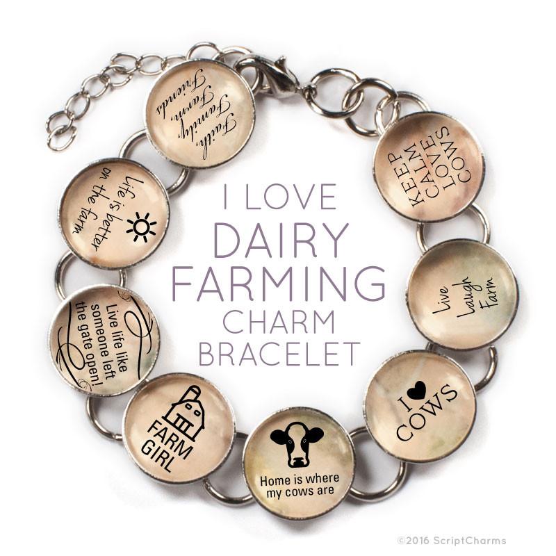 I Love Dairy Farming charm bracelet featuring eight glass charms and a dangling heart charm, perfect for farm lovers.
