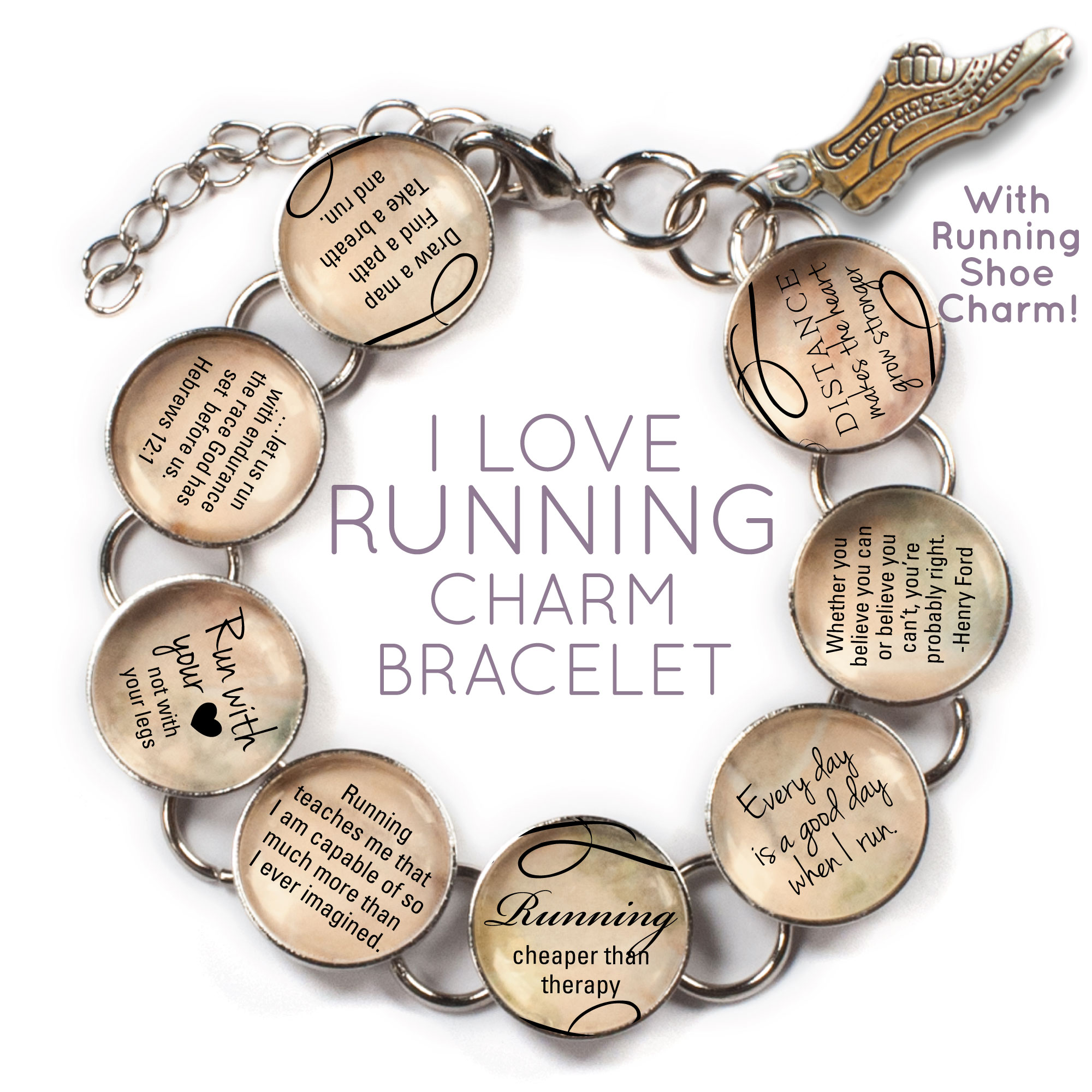 Custom glass charm bracelet featuring a running shoe charm and motivational running quotes, elegantly displayed in a lavender organza bag.