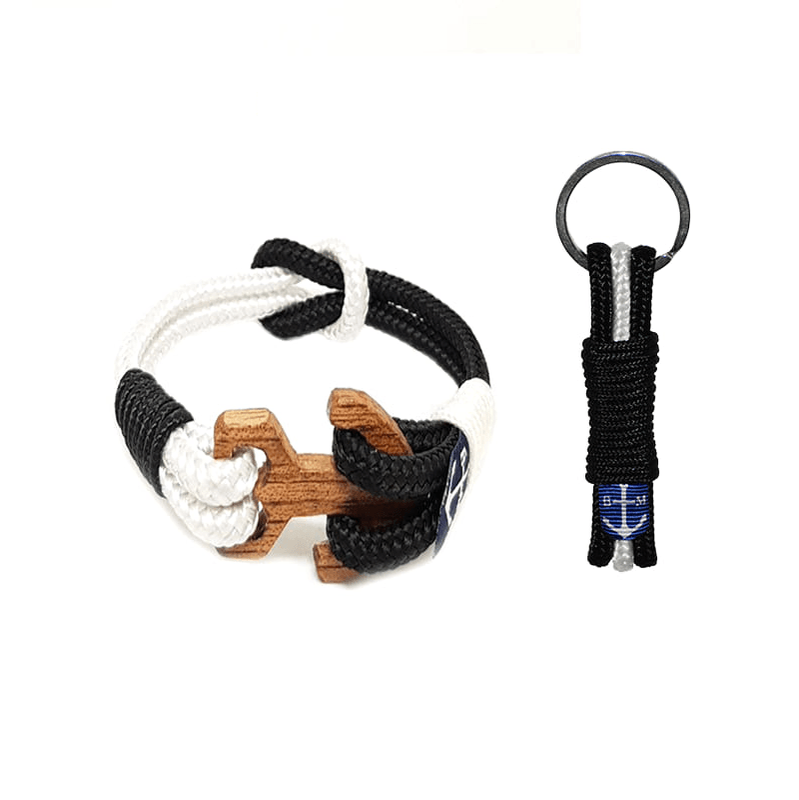 Idlewild Wood Nautical Bracelet and Keychain featuring black and white nautical ropes with a wooden anchor, elegantly displayed.