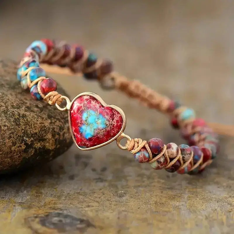 Handcrafted Imperial Jasper Heart Charm Macrame Bracelet featuring unique gemstones and a stylish bohemian design.