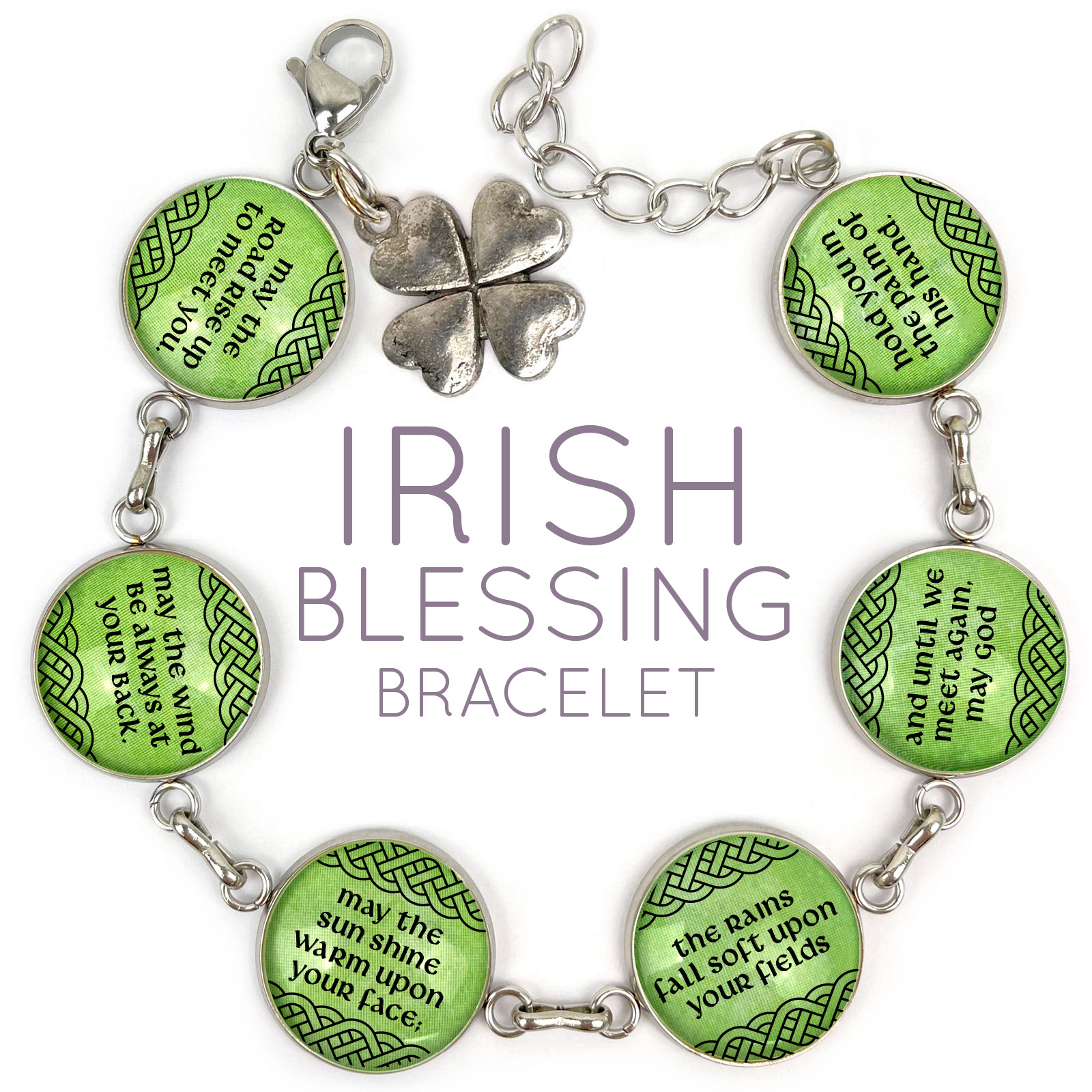 Irish Blessing Charm Bracelet featuring glass charms on a green background, available in silver-plated and stainless steel options.
