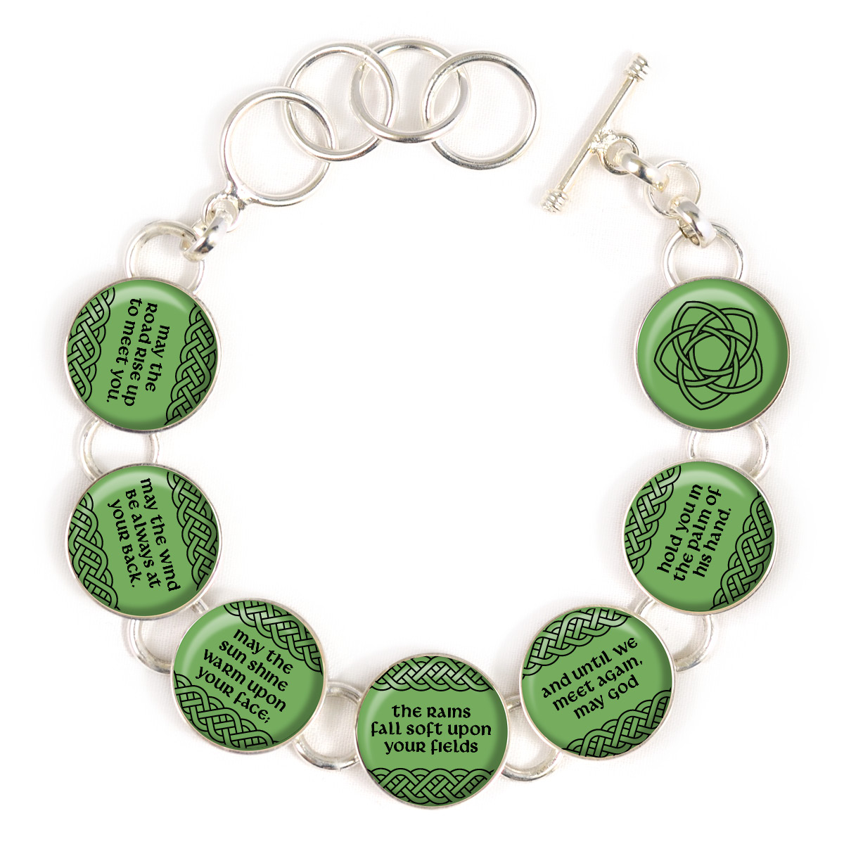 Irish Blessing Silver-Plated Necklace and Bracelet set featuring a light green glass cabochon with an Irish blessing inscription.