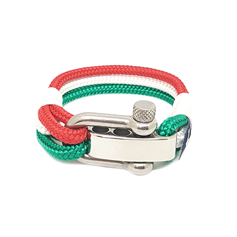 Italy Adjustable Shackle Nautical Bracelet featuring red, green, and white sailing ropes with a stainless steel shackle, elegantly displayed.