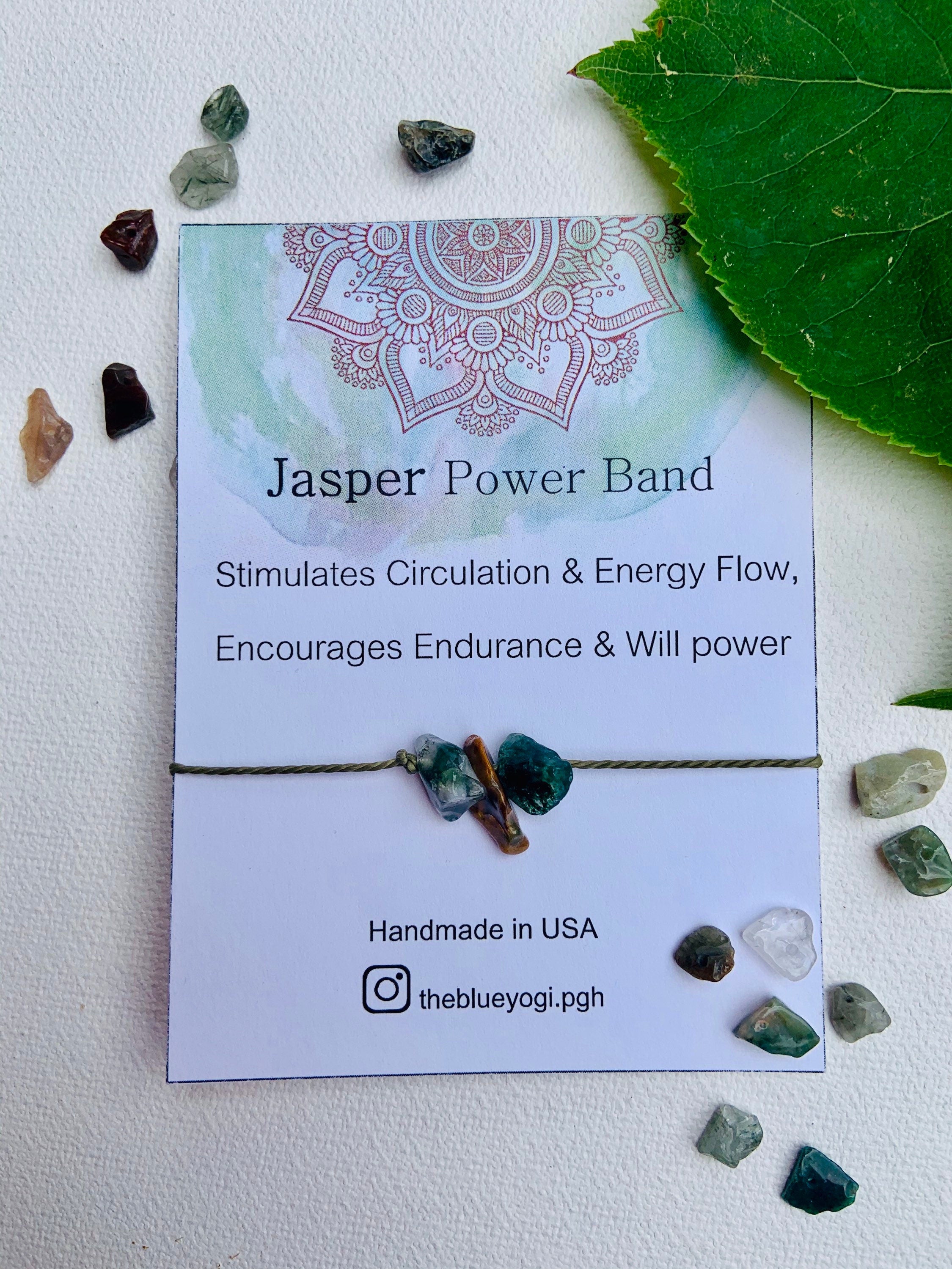 Jasper Healing Band featuring natural gemstones with a tie closure, displayed with a watercolor Mandala art card.