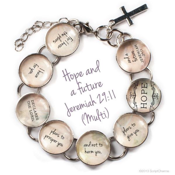 Jeremiah 29:11 Scripture Bracelet featuring glass charms and a silver-colored metal design, showcasing hope and faith.