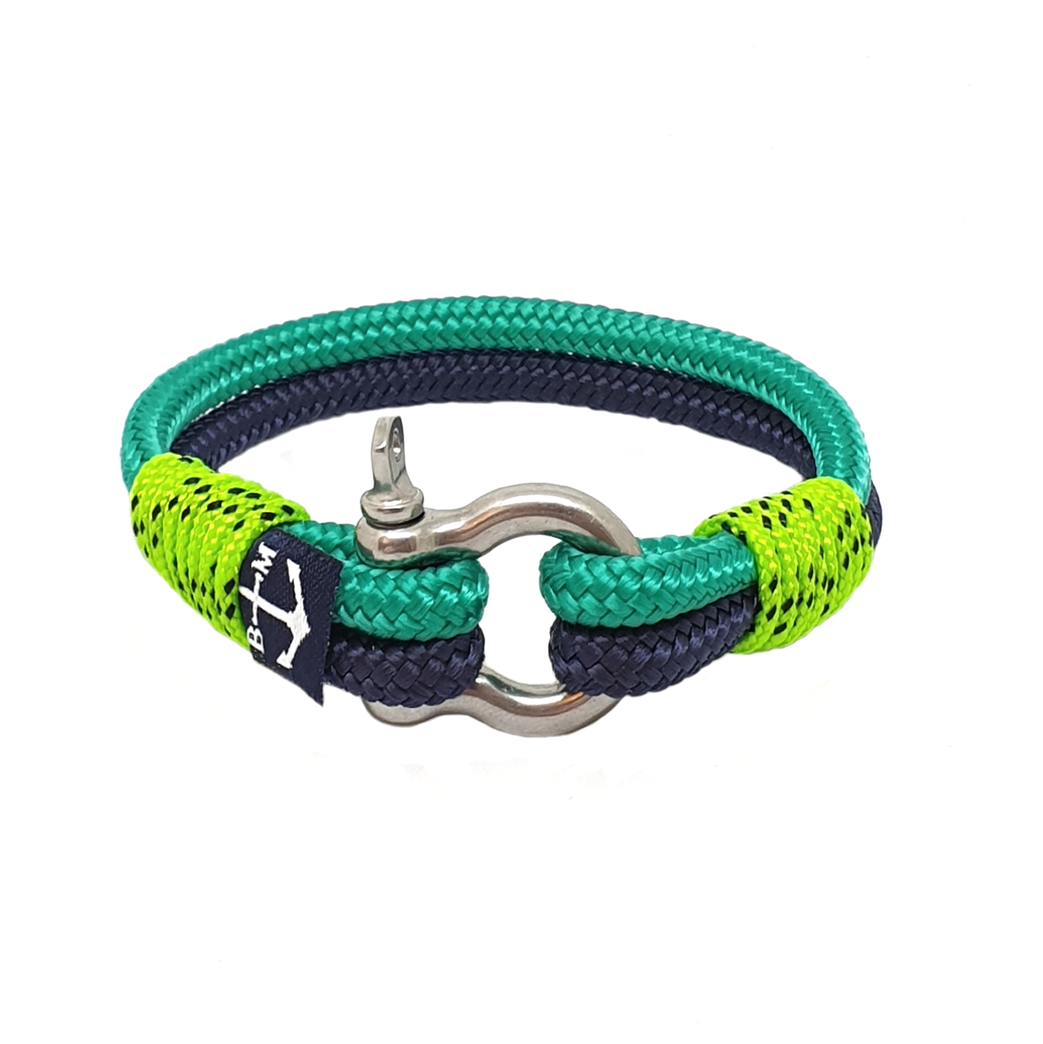 Joyce Nautical Bracelet featuring green and blue sailing ropes with a stainless steel shackle, handmade in Dublin, Ireland.