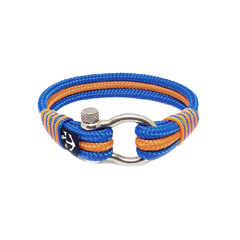 Killiney Nautical Bracelet featuring orange and blue sailing ropes with a stainless steel shackle, handmade in Dublin, Ireland.