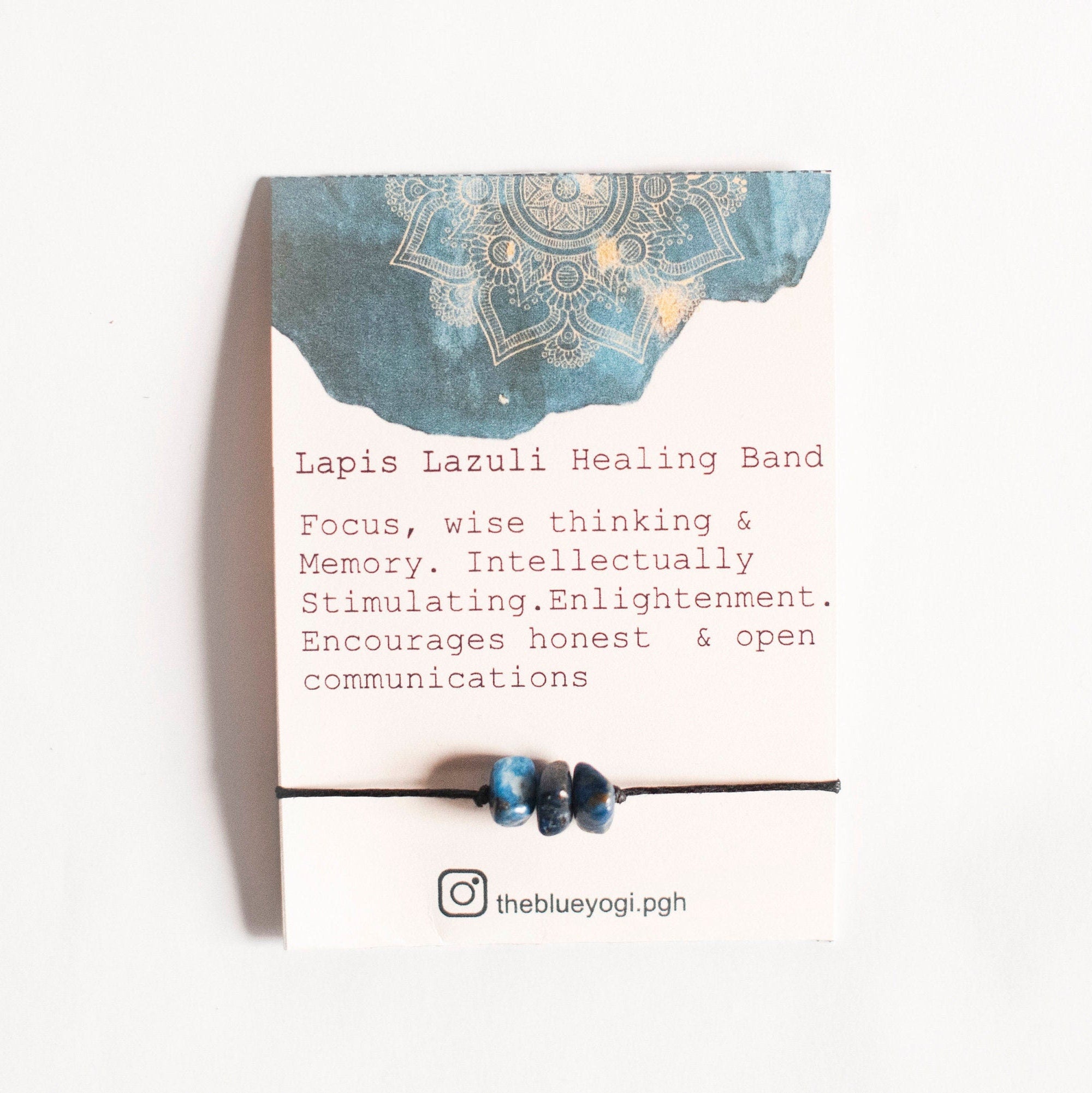 Lapis Lazuli Healing Band featuring natural gemstones with a tie closure, displayed with a watercolor Mandala card.