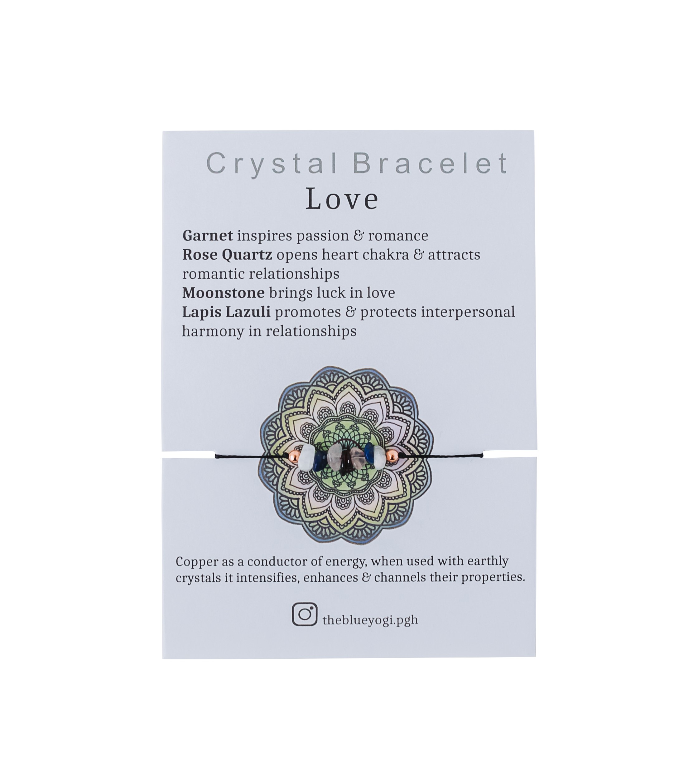 A beautiful Love Crystal Bracelet made of natural gemstones on a hemp cord, featuring a tie closure and a Mandala art card.