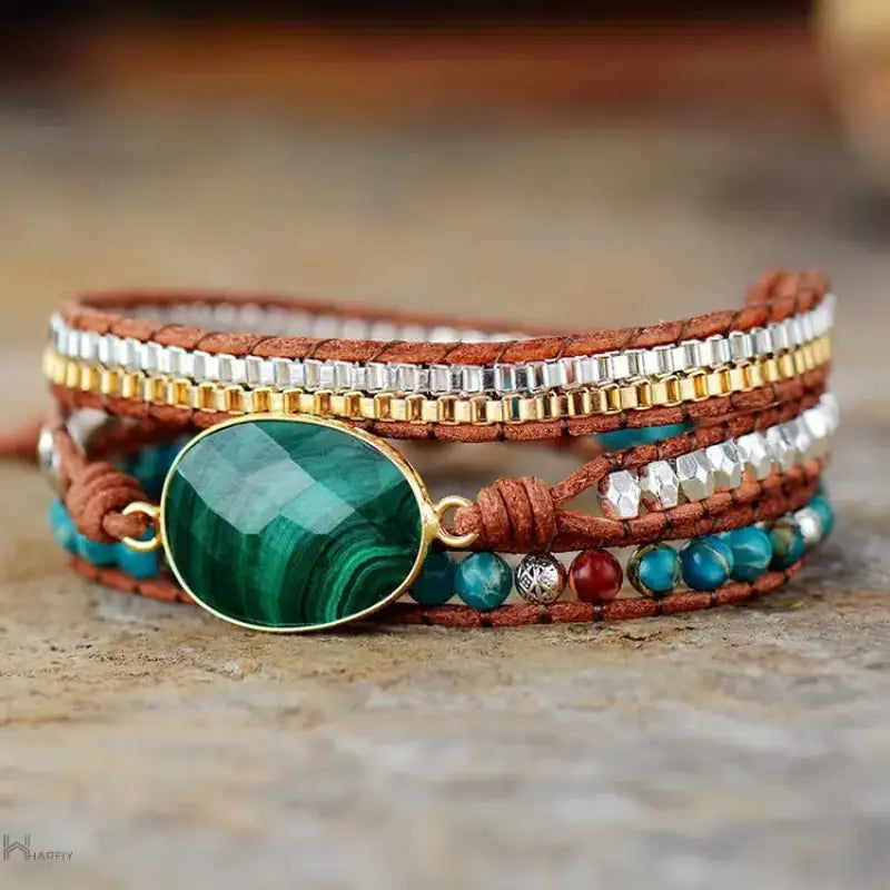 A stunning Malachite Stone Statement Bracelet featuring vibrant green hues and unique patterns, perfect for stylish accessorizing.