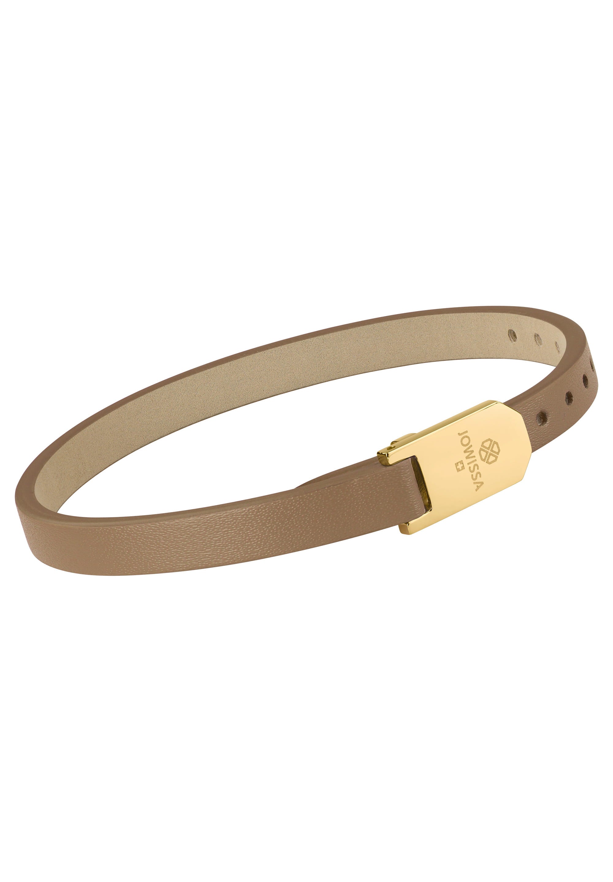 Matt Plain Leather Strap JS.0139 in gold and brown, featuring a stainless steel buckle with a laser-engraved logo.