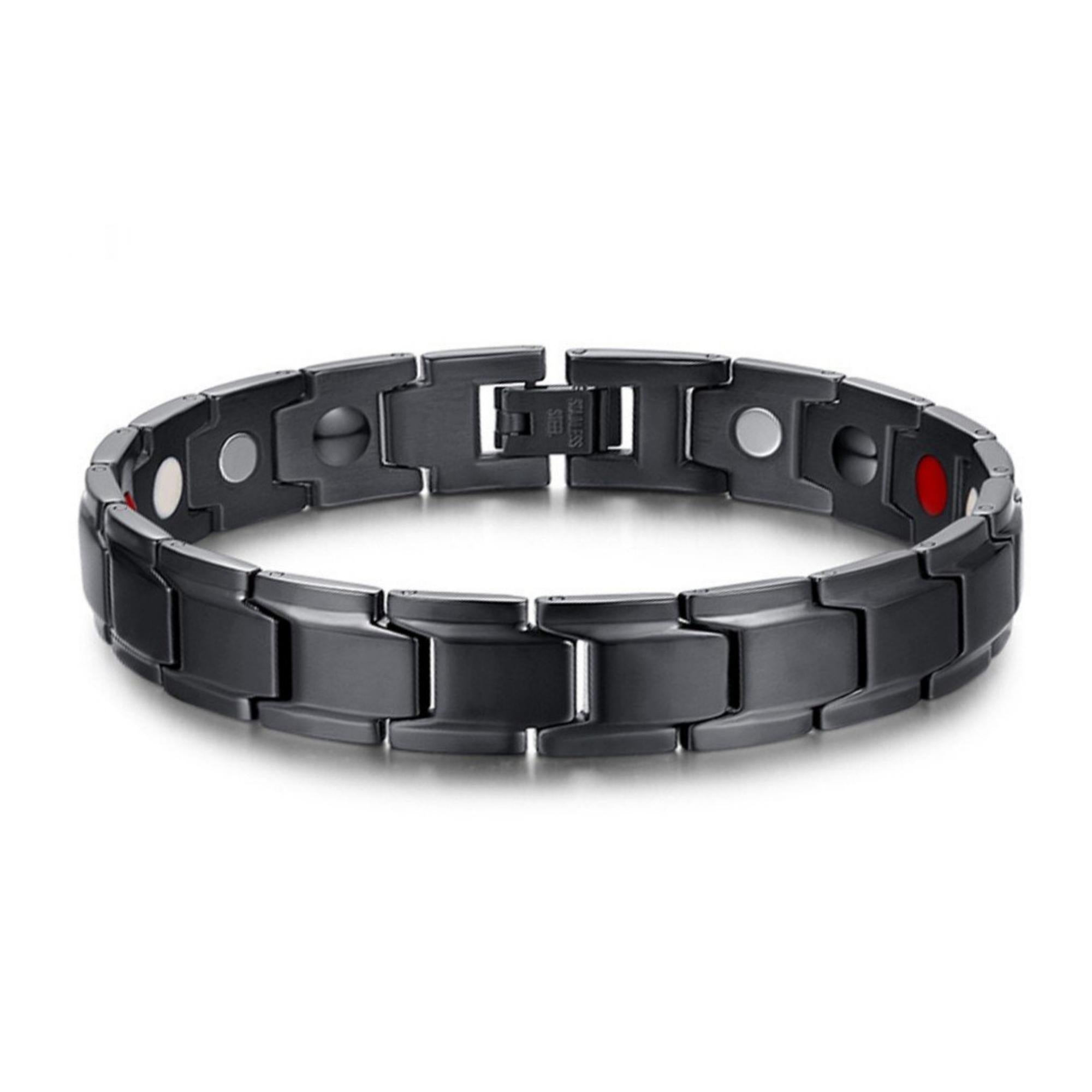 Men's stainless steel double row magnetic therapy bracelet featuring powerful magnets and a sleek design.