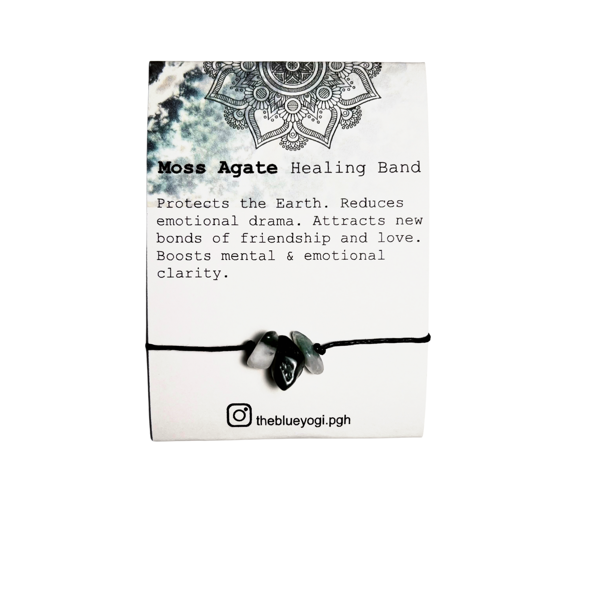 Moss Agate Healing Band featuring natural gemstones with a tie closure, displayed with a watercolor Mandala art card.