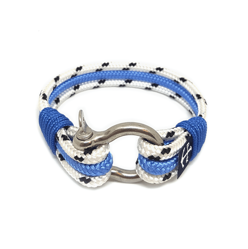 Muireann Nautical Bracelet featuring blue and white sailing ropes with a stainless steel shackle, handmade in Dublin, Ireland.