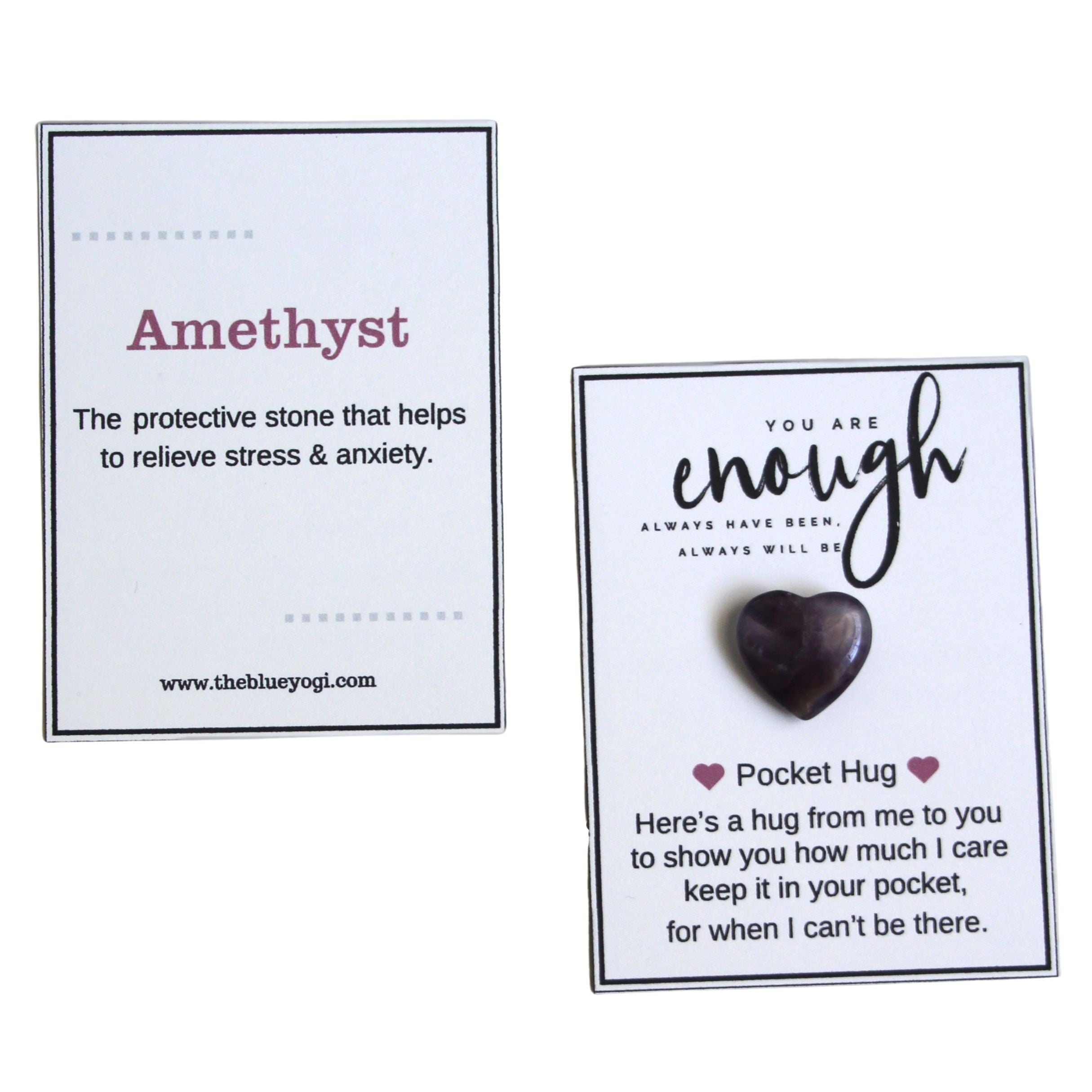 Natural amethyst gemstone pocket hug, heart-shaped, with a gift card.