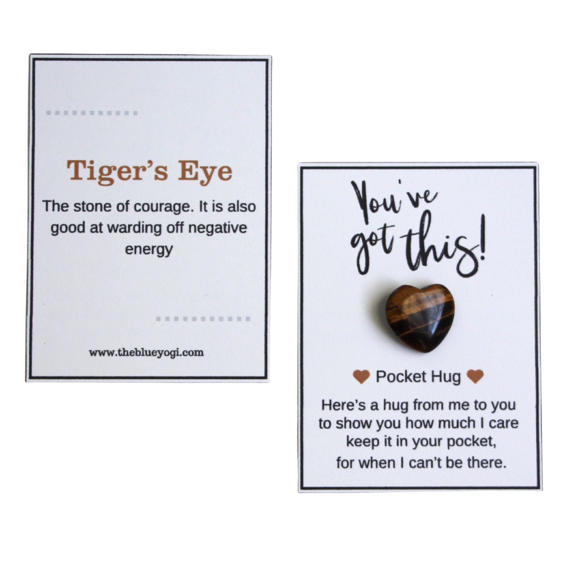 Natural Gemstone Pocket Hug made of Tiger's Eye, featuring a heart shape and unique golden-brown patterns, accompanied by a gift message card.