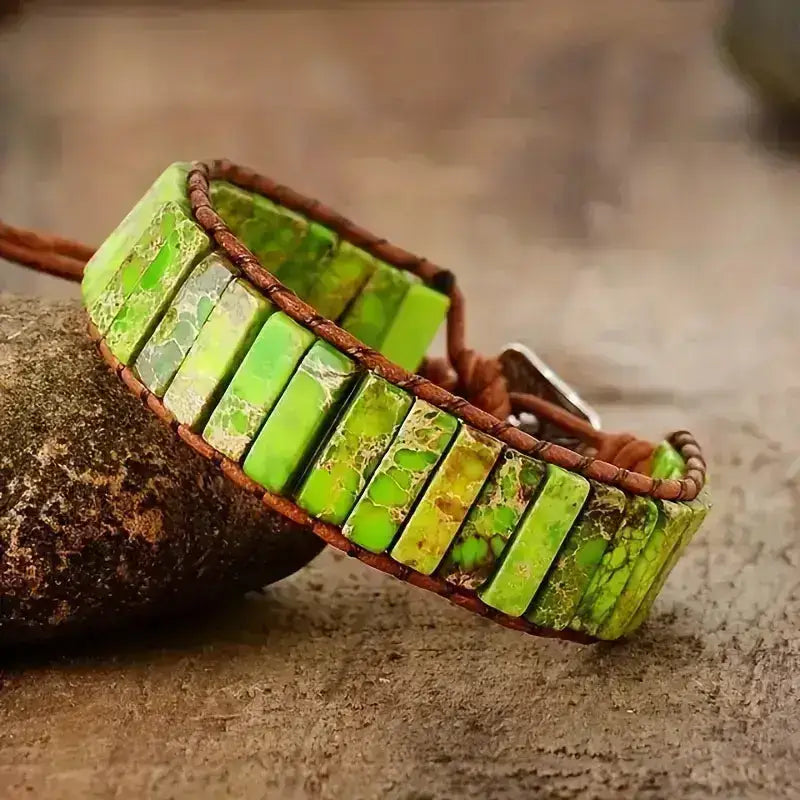 Nature Bracelet made from Green Jasper Agate Stone with a lace-up design, showcasing its unique bohemian style.