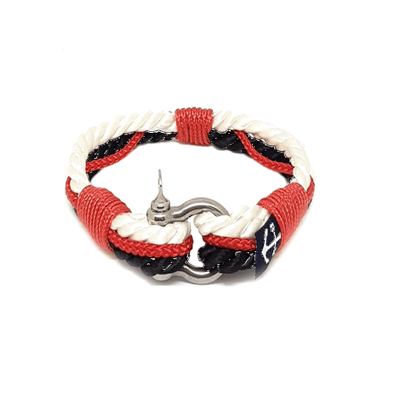 Nelson Nautical Bracelet featuring black, red, and white sailing ropes with a stainless steel shackle, handmade in Dublin, Ireland.