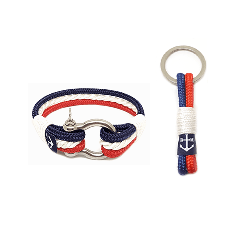A stylish Netherlands Nautical Bracelet and Keychain made from high-quality nautical ropes in red, white, and blue colors, showcasing its elegant design.