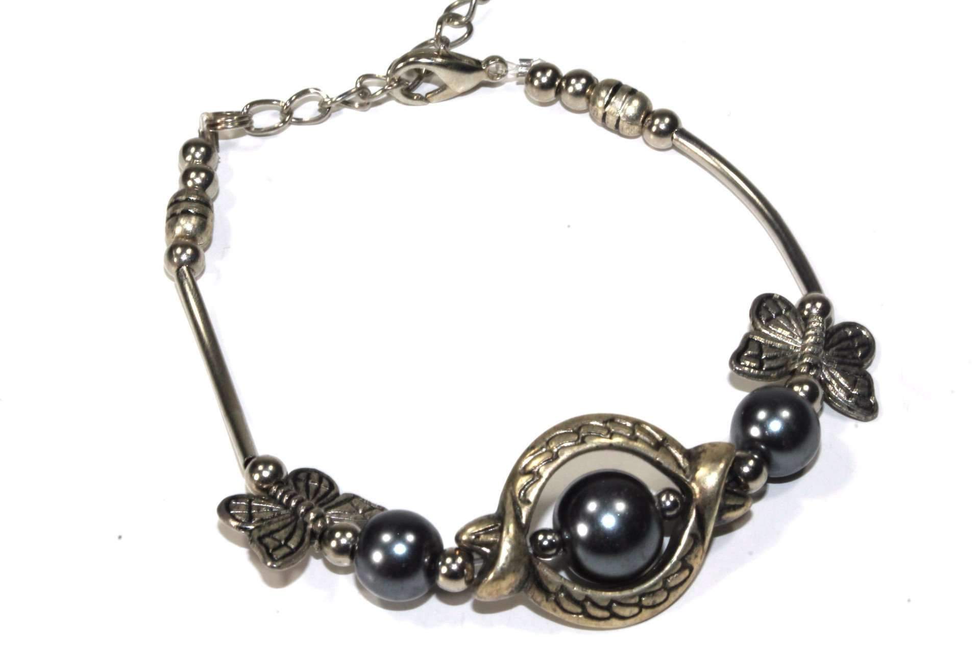 Olivia Antique Style Butterfly Trinket Bracelet featuring butterfly charms and slate grey beads.