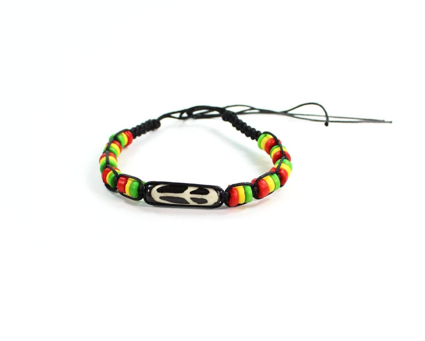 Colorful macrame bracelet featuring a bone centerpiece with peace symbol, strung on an adjustable cotton cord.