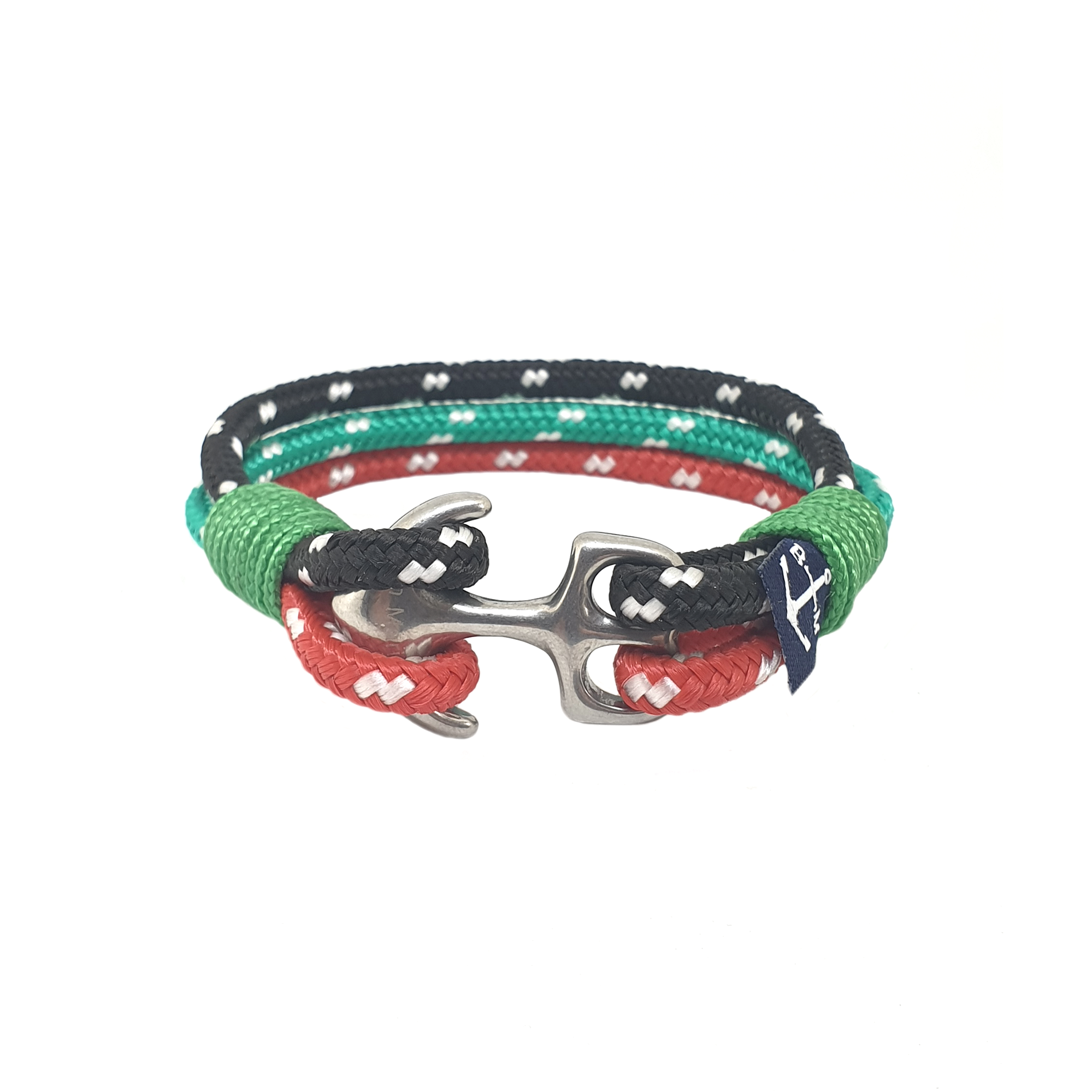 Proteus Nautical Bracelet featuring green, black, and red nautical ropes with a stainless steel anchor, handmade in Dublin, Ireland.