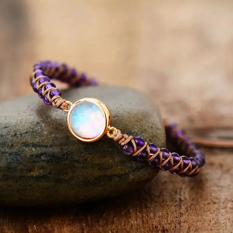 Radiant Amethyst Opal Charm Bracelet featuring genuine amethyst and opal gemstones in a bohemian style with a lace-up closure.