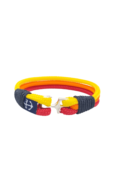 A vibrant Red, Orange, and Yellow Nautical Bracelet and Keychain set made from high-quality sailing ropes and stainless steel.