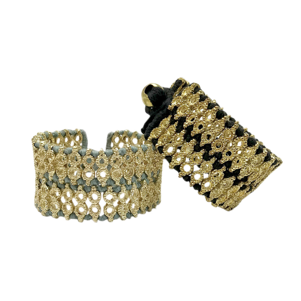The Riya Cuff featuring intricate handwoven metal beads and cotton thread, showcasing a blend of traditional Indian design and modern elegance.