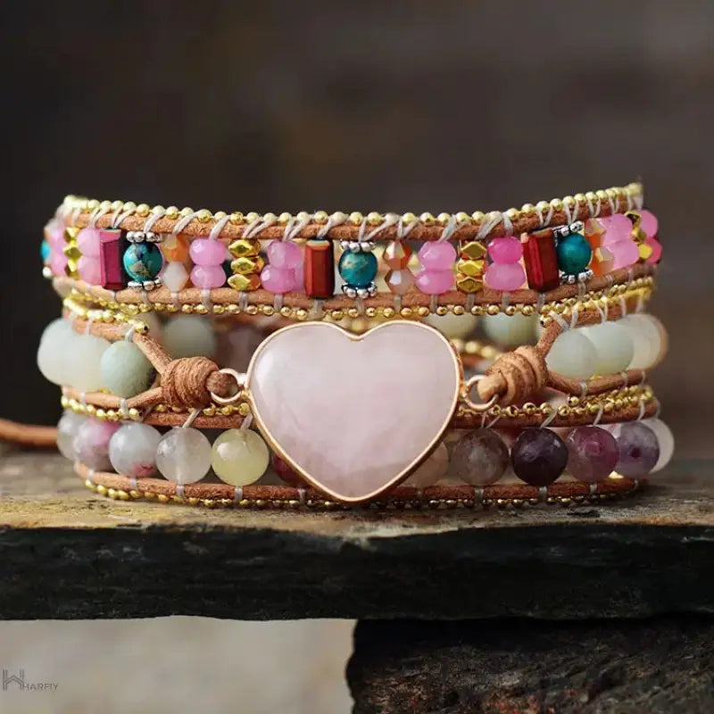 Rose Quartz & Tourmaline Heart Wrap Bracelet featuring a heart-shaped centerpiece and a delicate wrap design, perfect for stylish women.
