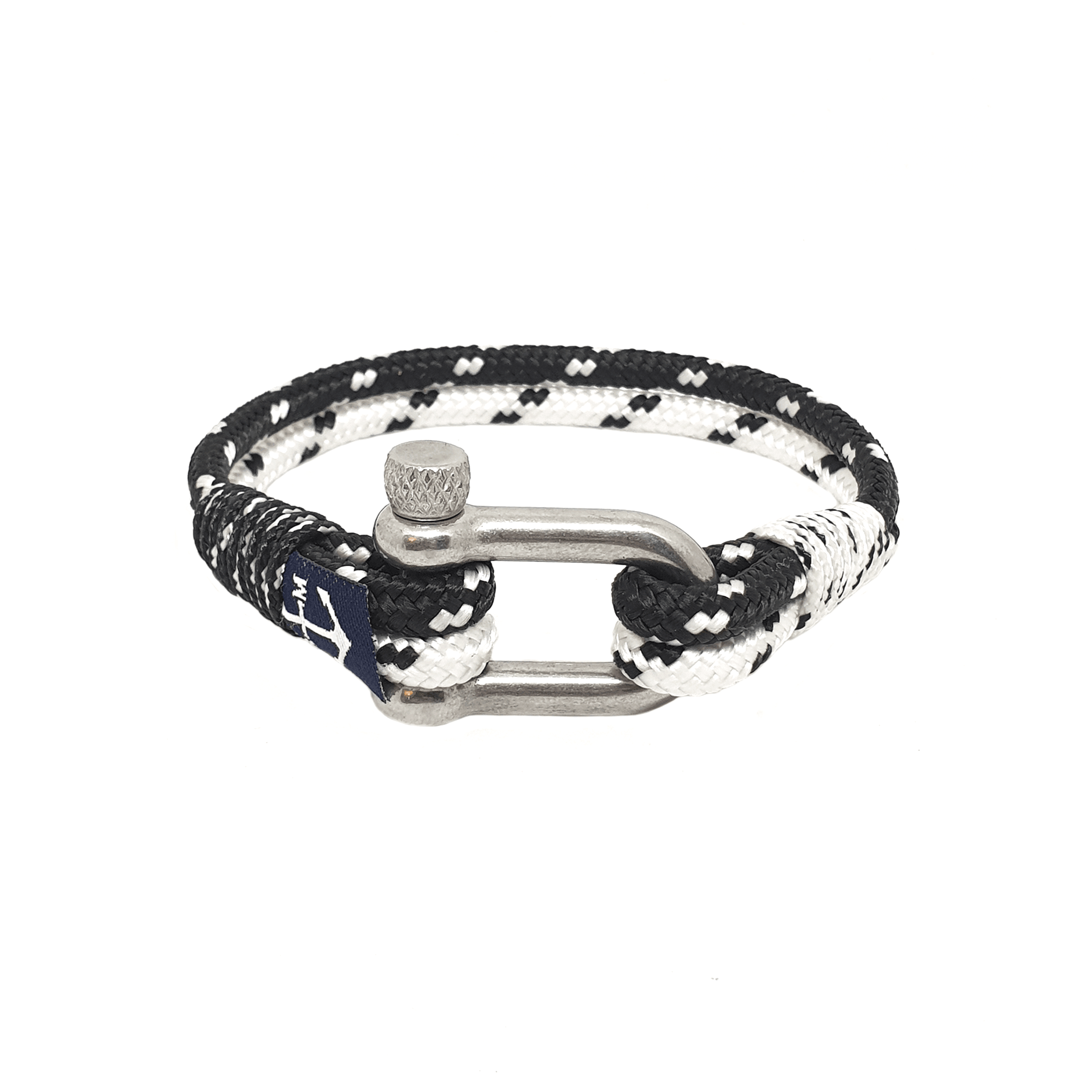 Ruarc Nautical Bracelet featuring black and white nautical ropes with a stainless steel shackle, elegantly displayed.