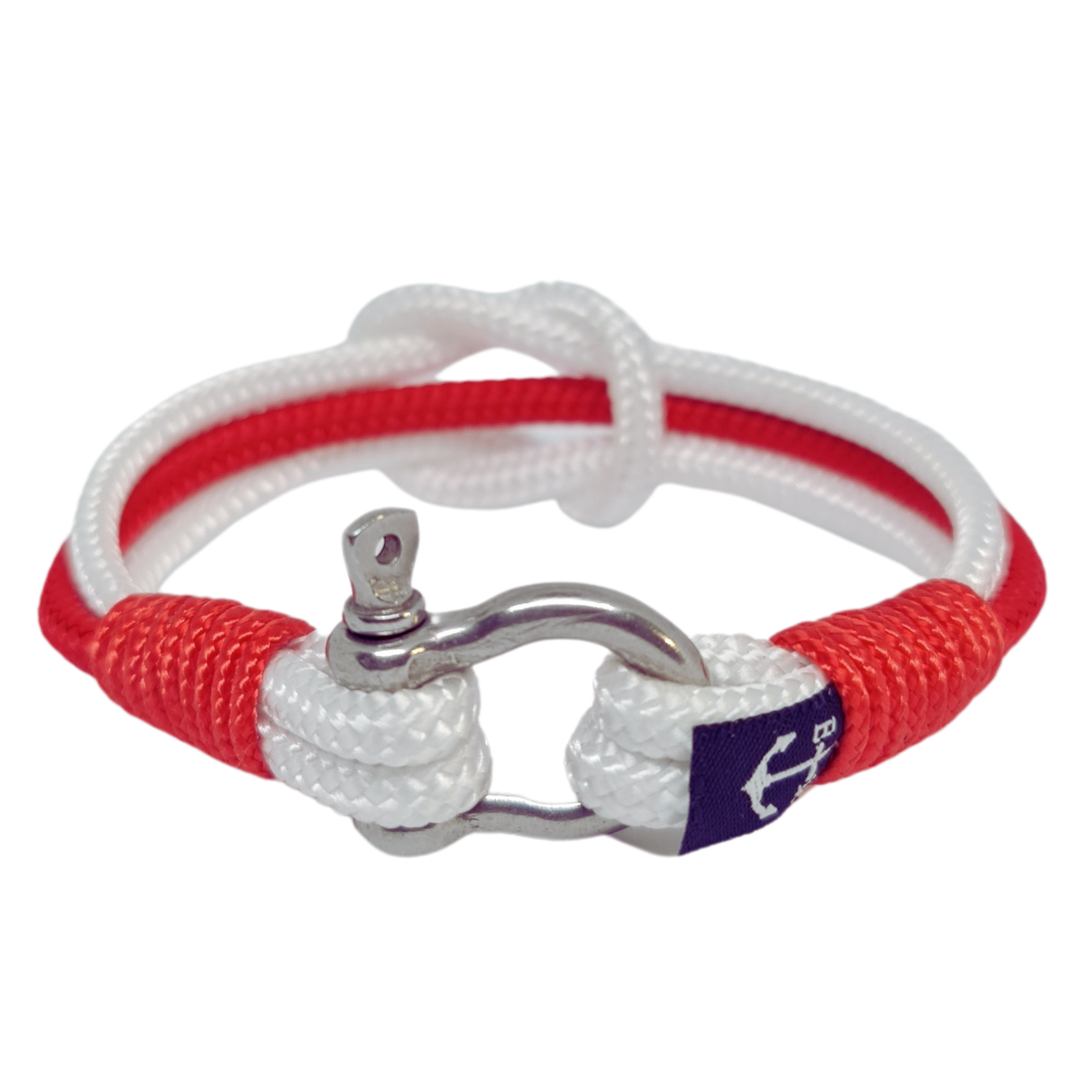 Safe Seas Bracelet featuring black and white nautical ropes with a stainless steel shackle, elegantly displayed on a wrist.