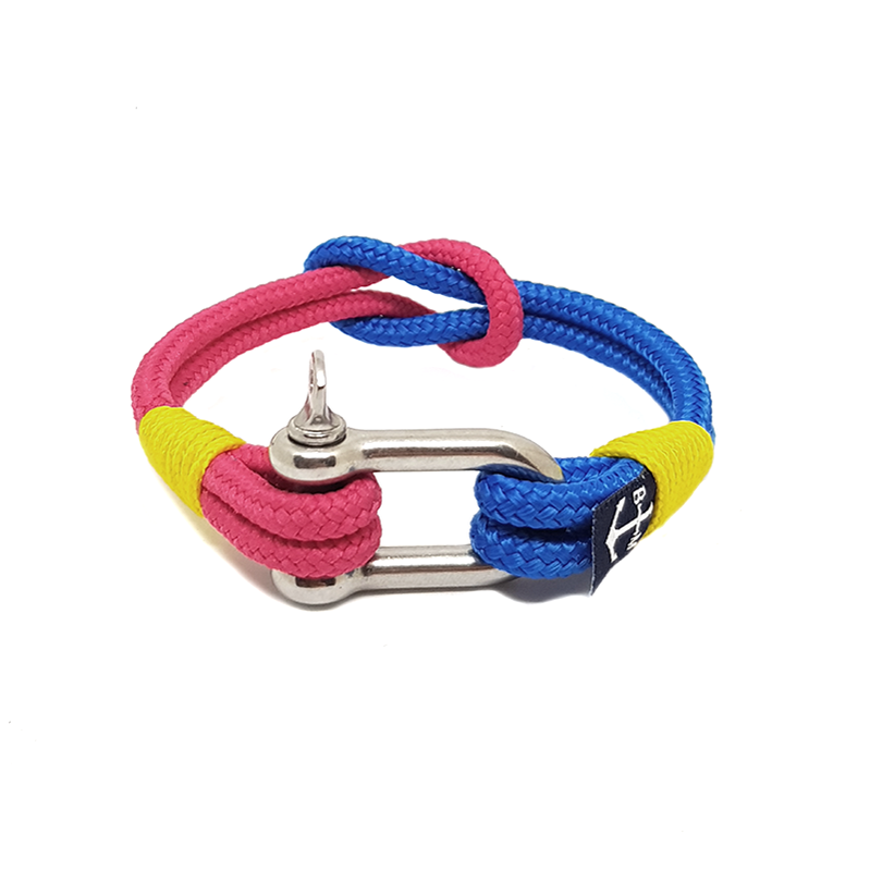 Siobhan Shackle Nautical Bracelet featuring blue and red sailing ropes with a stainless steel shackle, elegantly displayed.