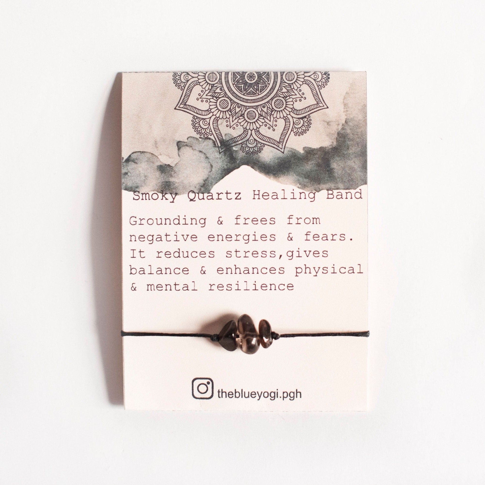 Smoky Quartz Gemstone Healing Band, a casual boho bracelet or anklet with natural gemstones and tie closure, featuring a watercolor Mandala art card.