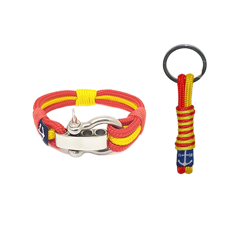 Handmade Spain Nautical Bracelet and Keychain featuring red and yellow nautical ropes with stainless steel shackle, perfect for stylish everyday wear.