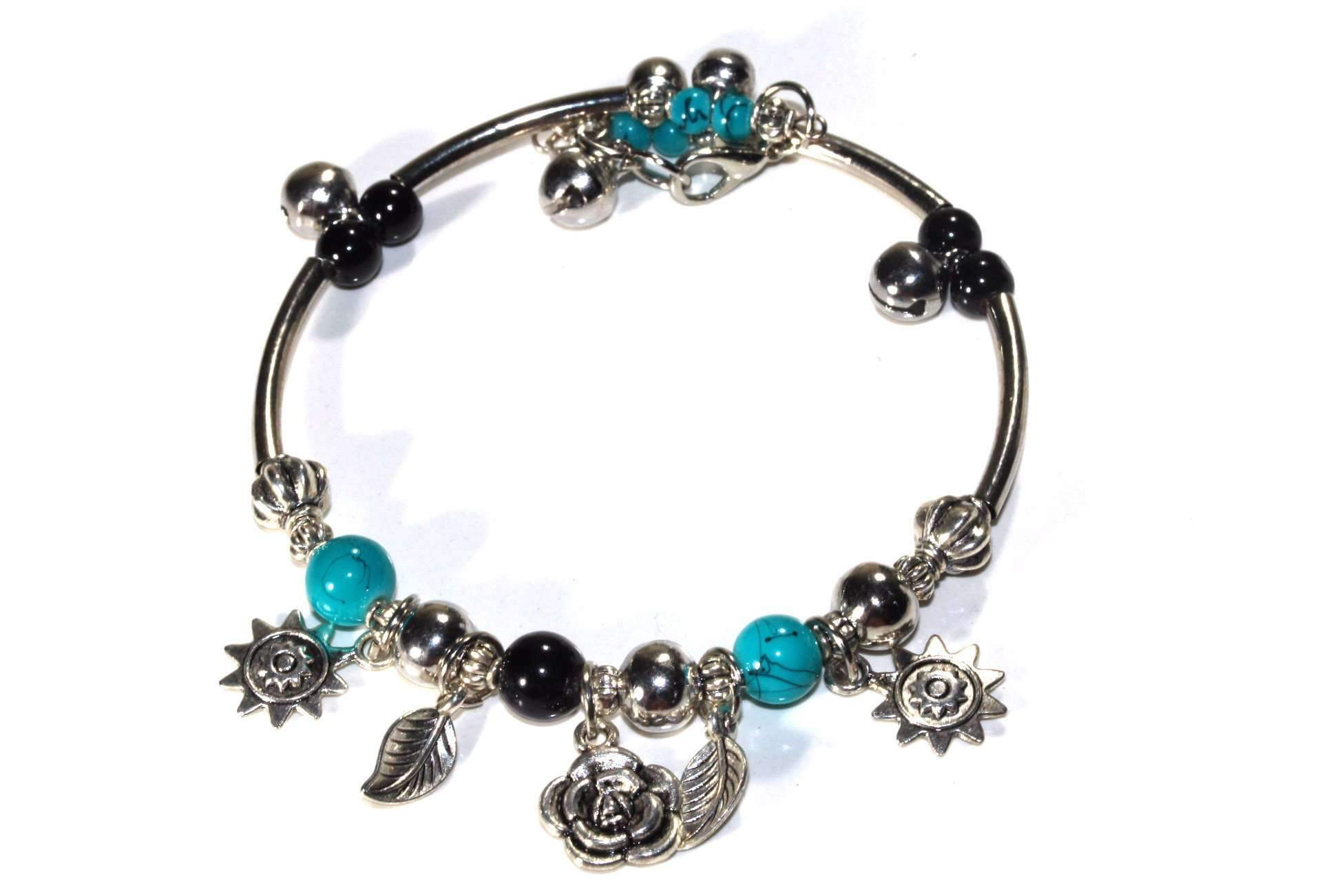 A beautiful silver tone charm bracelet featuring rose flowers, sun charms, and vibrant beads, adjustable for comfort.