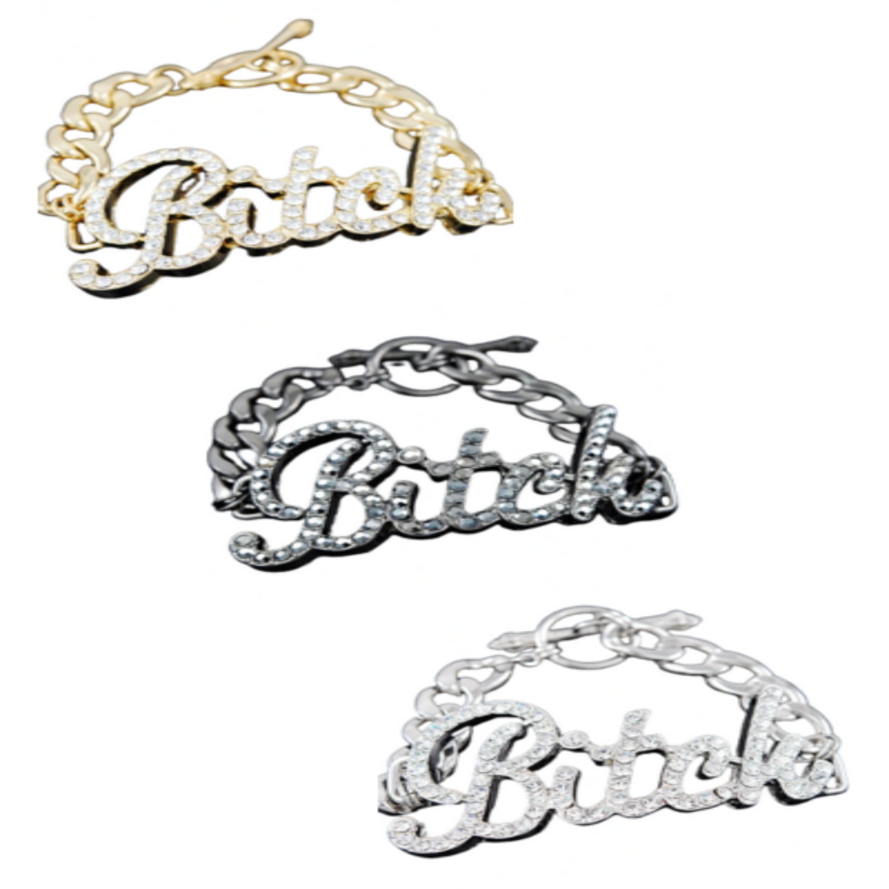 A stylish double plated bracelet featuring a bold 'Bitch' pendant, designed with a toggle clasp for secure wear.