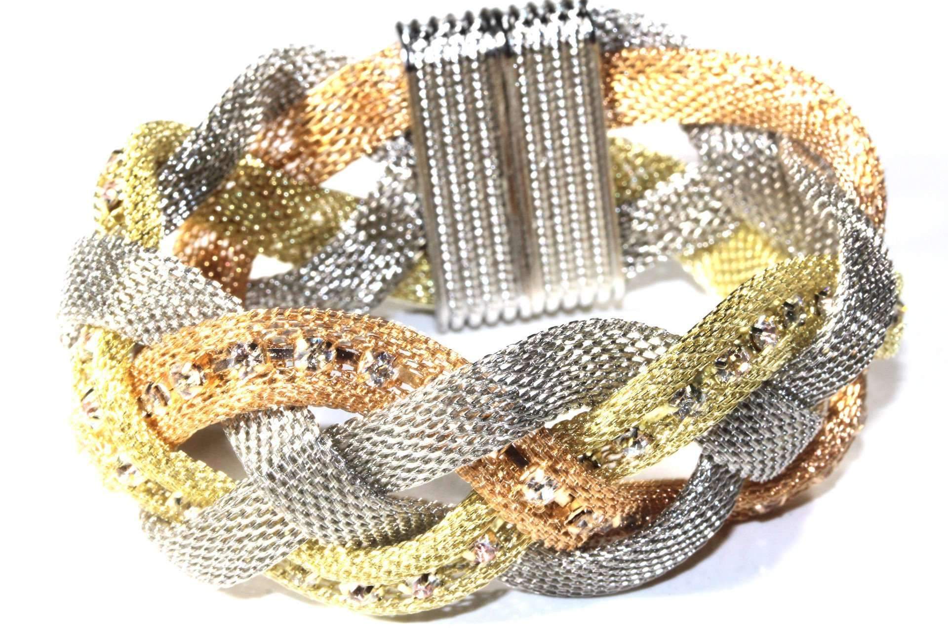 Three Tone Sparkle Braid Bracelet featuring rose, silver, and gold tones with rhinestones and a strong magnetic clasp.