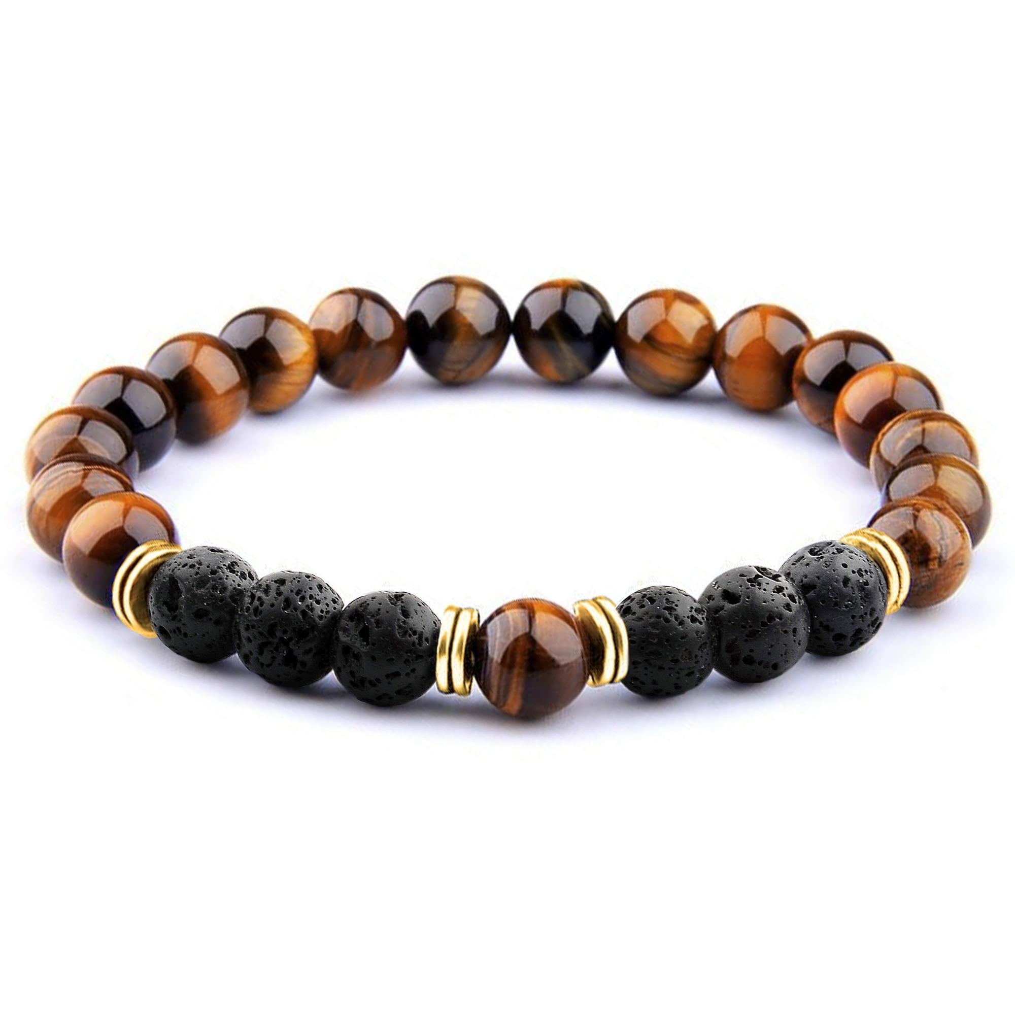 A close-up view of the Tiger Eye Lava Hematite Bracelet featuring tiger eye stones, black matte agate, and hematite in an elegant design.