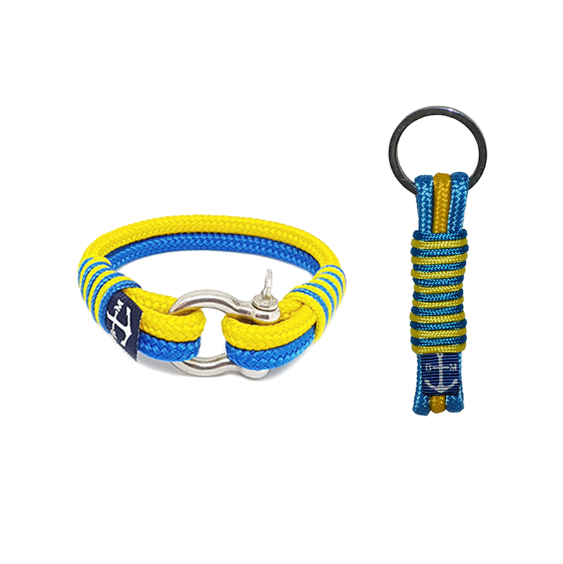 Tipperary Nautical Bracelet and Keychain featuring yellow and blue nautical ropes with a stainless steel shackle, handmade in Dublin, Ireland.