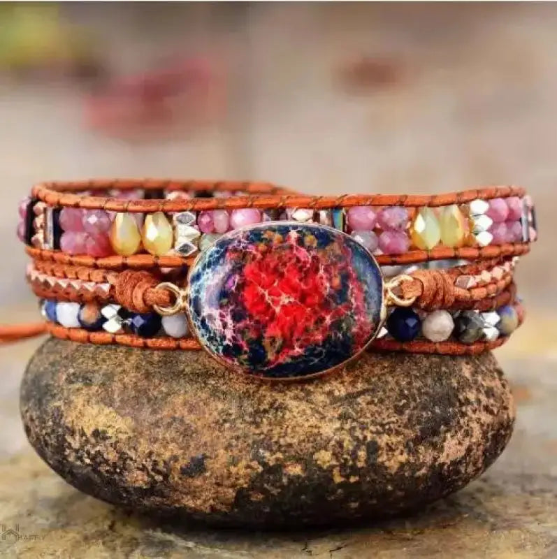 Tourmaline Jasper Wrap Bracelet featuring vibrant stones and a bohemian design, perfect for stylish women.