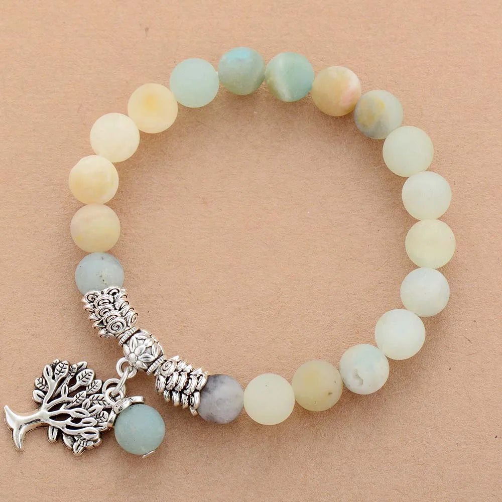 Handmade Tree of Life Amazonite Charm Bracelet featuring natural stones and a zinc alloy charm.