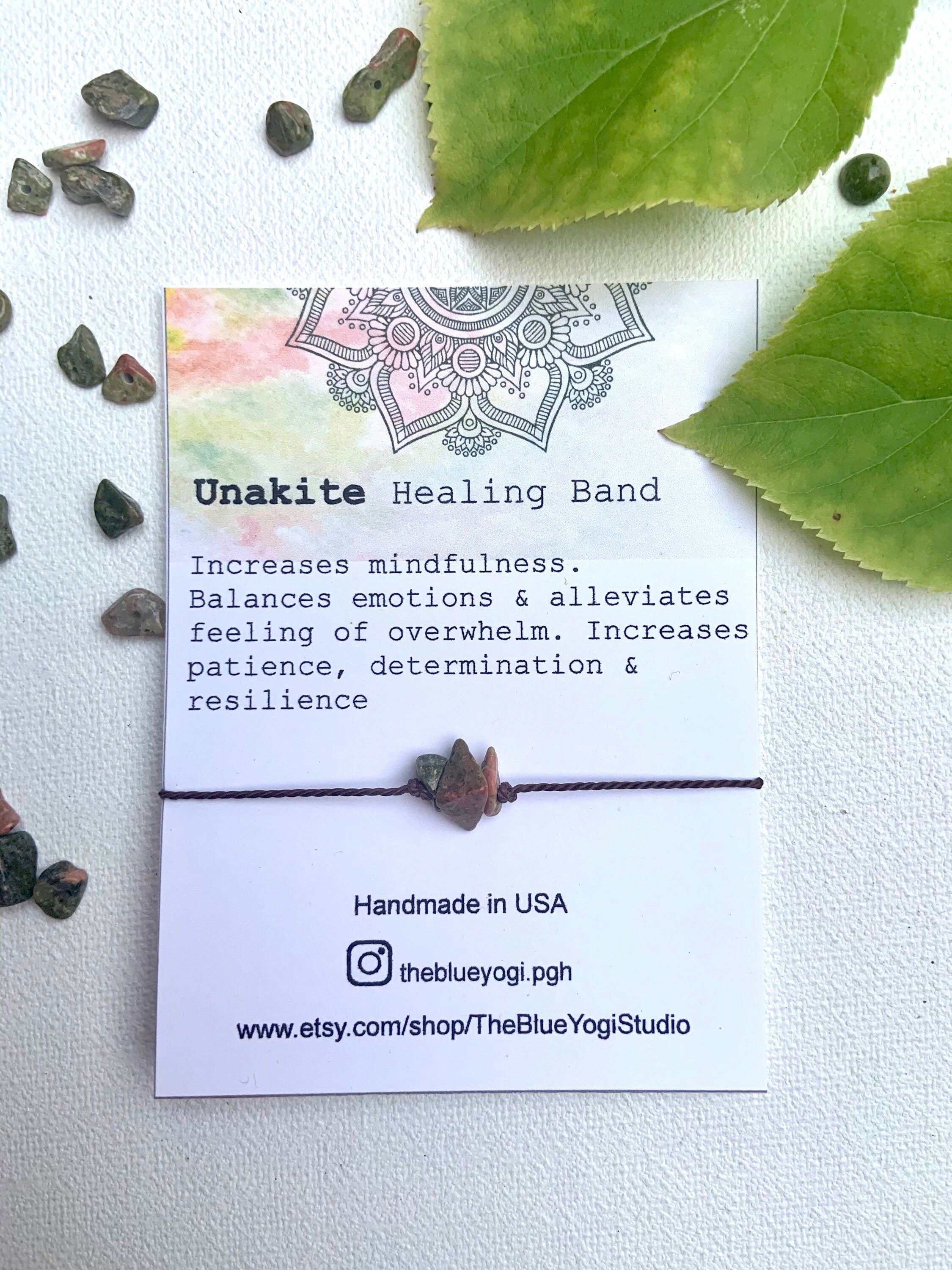 Unakite Gemstone Healing Band bracelet and anklet with tie closure, showcasing natural stones and watercolor Mandala art card.