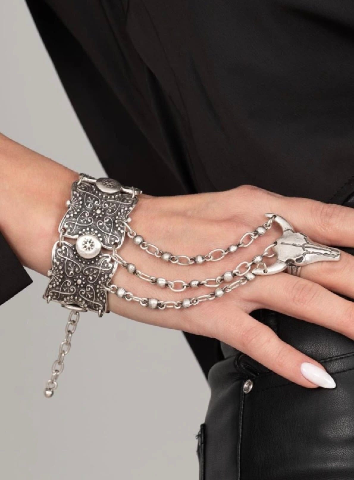 A unique silver plated Viking Bracelet - Taurus Hand piece, adjustable and stylish, suitable for all hand sizes.